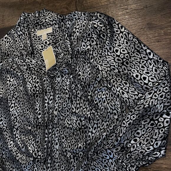 Michael Kors Black & Silver Shimmering Animal Print Blouse With Tie Size M NWT - Picture 6 of 10
